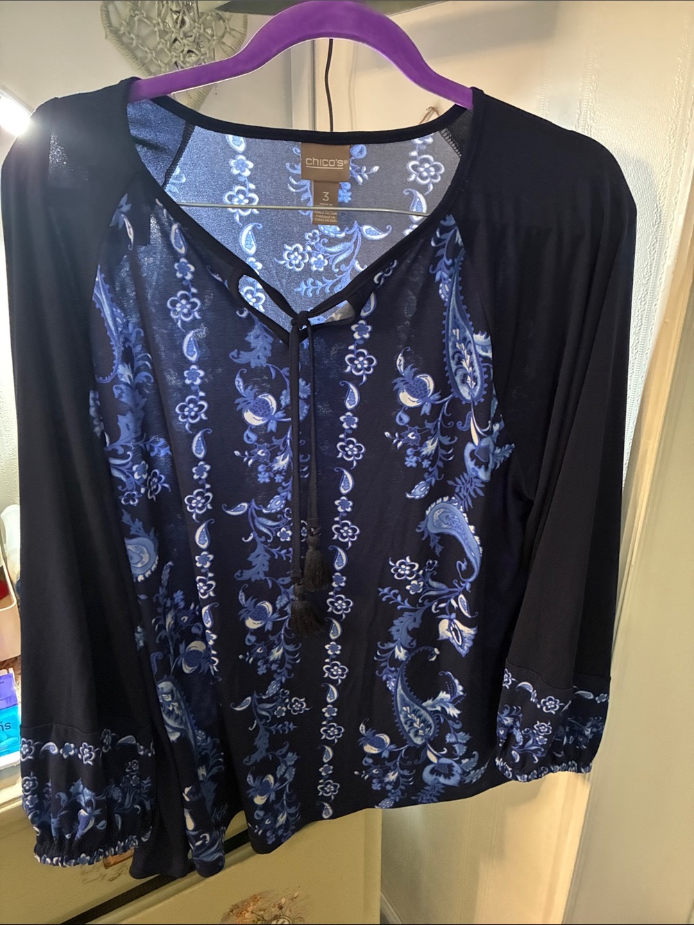 Chico's Navy & Light Blue Paisley Tie-Neck Tunic